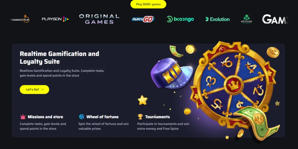 Interfaz de gamificación en tiempo real de BDM Bet con recompensas de lealtad y rueda de la fortuna.